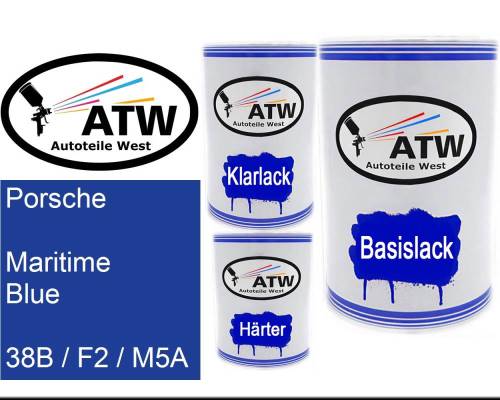 Porsche, Maritime Blue, 38B / F2 / M5A: 500ml Lackdose + 500ml Klarlack + 250ml Härter - Set, von ATW Autoteile West.